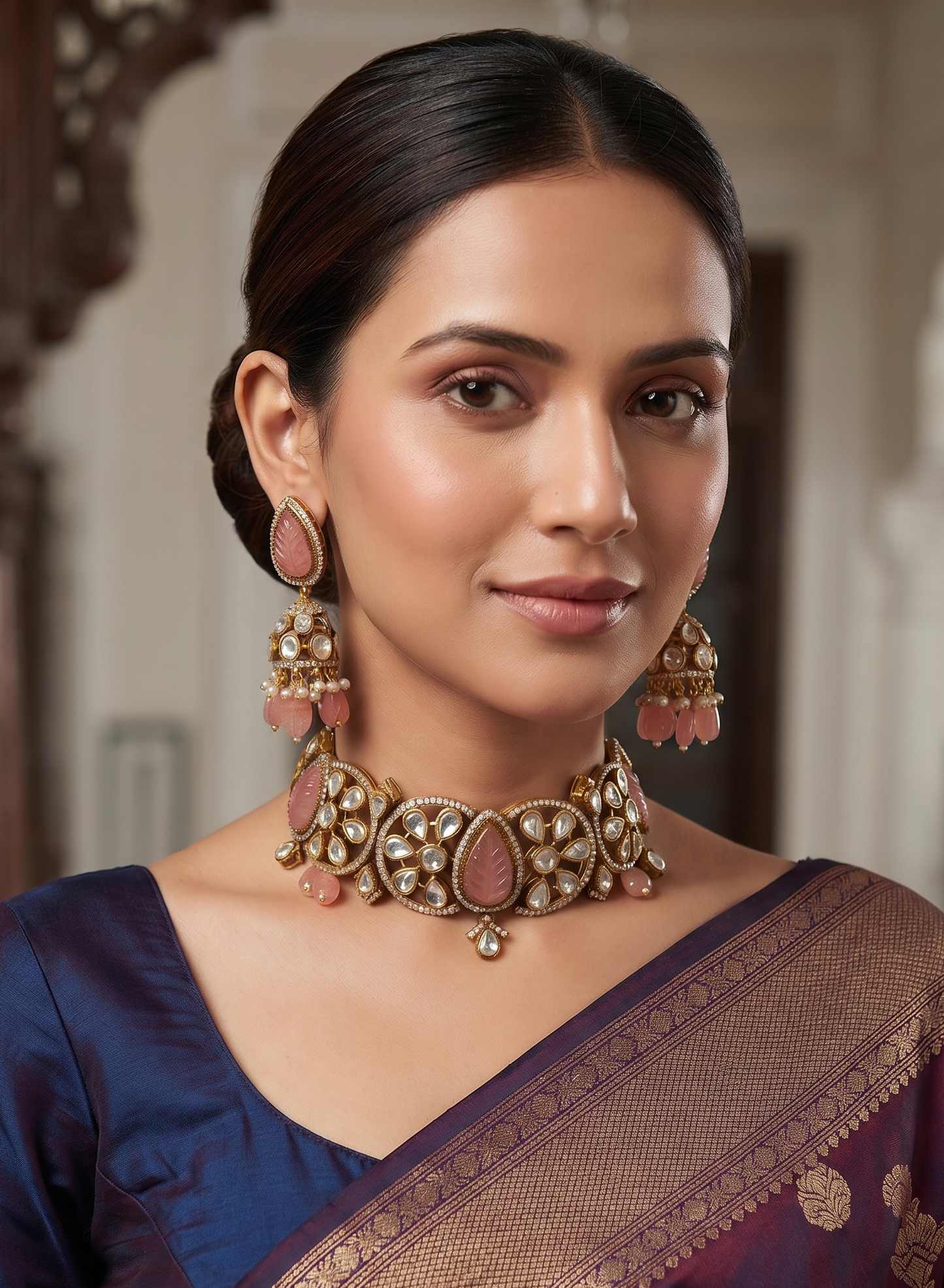 Royal Kundan & Carved Stone Brass Chocker Necklace Set with Matching Jhumki Earrings