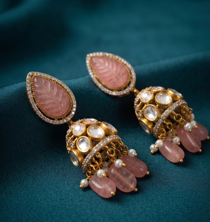 Royal Kundan & Carved Stone Brass Chocker Necklace Set with Matching Jhumki Earrings