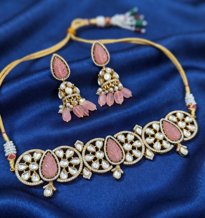 Royal Kundan & Carved Stone Brass Chocker Necklace Set with Matching Jhumki Earrings