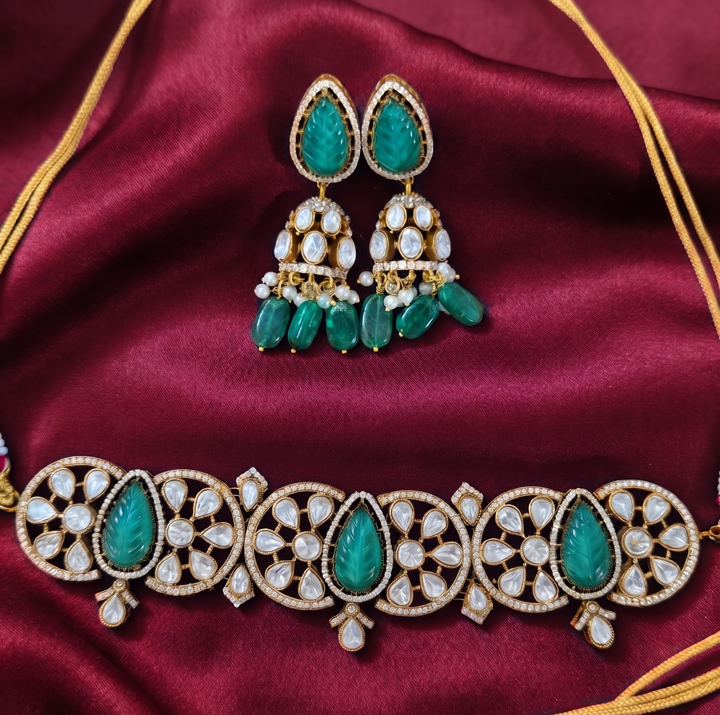 Royal Kundan & Carved Stone Brass Chocker Necklace Set with Matching Jhumki Earrings