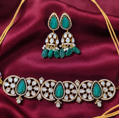 Royal Kundan & Carved Stone Brass Chocker Necklace Set with Matching Jhumki Earrings