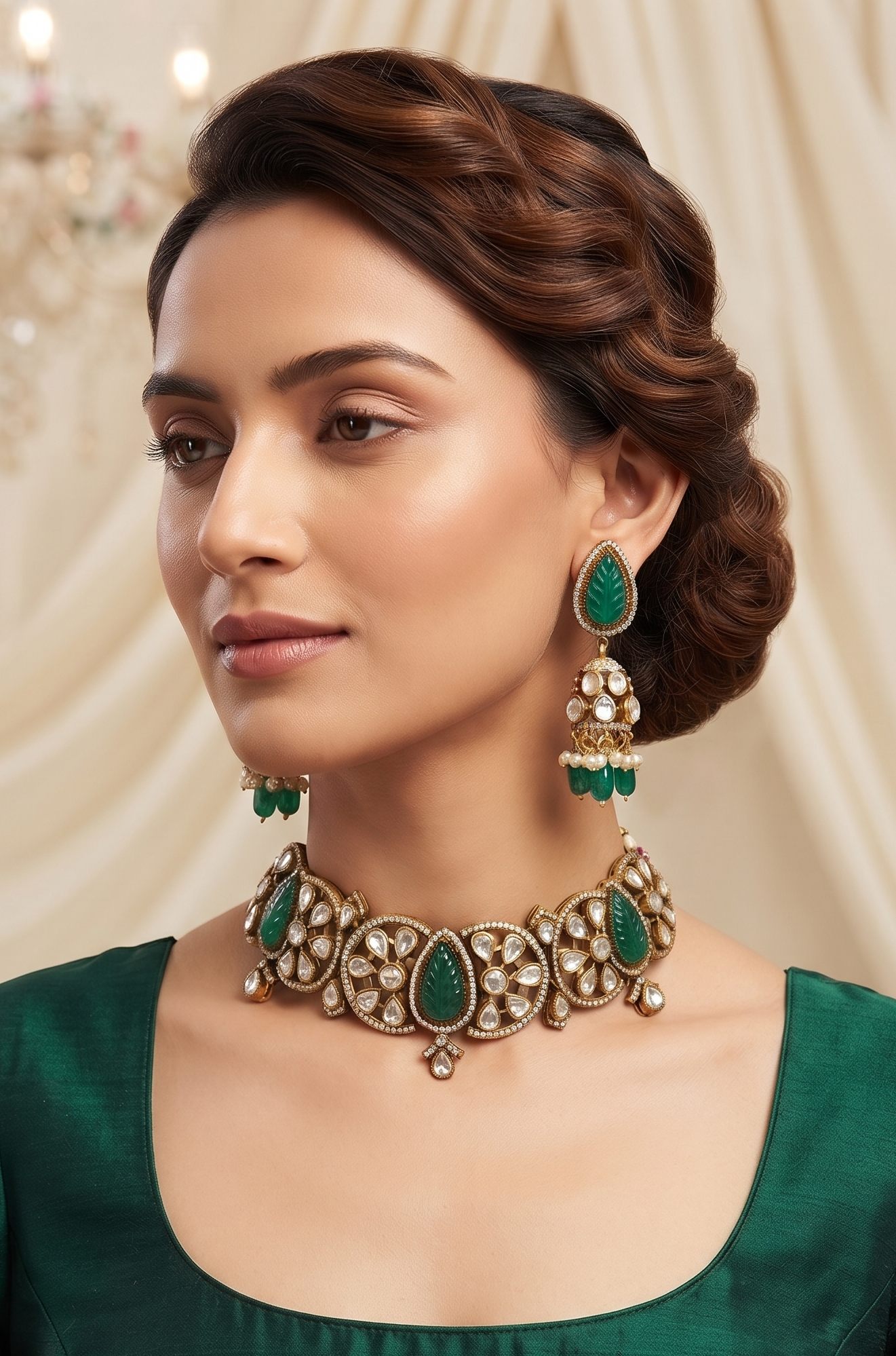 Royal Kundan & Carved Stone Brass Chocker Necklace Set with Matching Jhumki Earrings