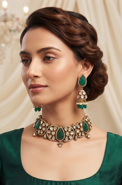 Royal Kundan & Carved Stone Brass Chocker Necklace Set with Matching Jhumki Earrings