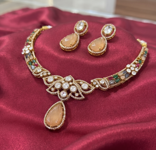 Exquisite AD and Moissanite Stone Designer Necklace Set with Matching Drop Earrings