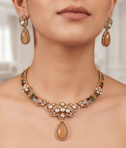 Exquisite AD and Moissanite Stone Designer Necklace Set with Matching Drop Earrings