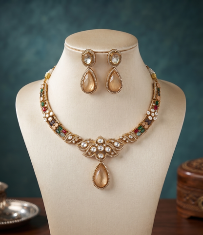 Exquisite AD and Moissanite Stone Designer Necklace Set with Matching Drop Earrings