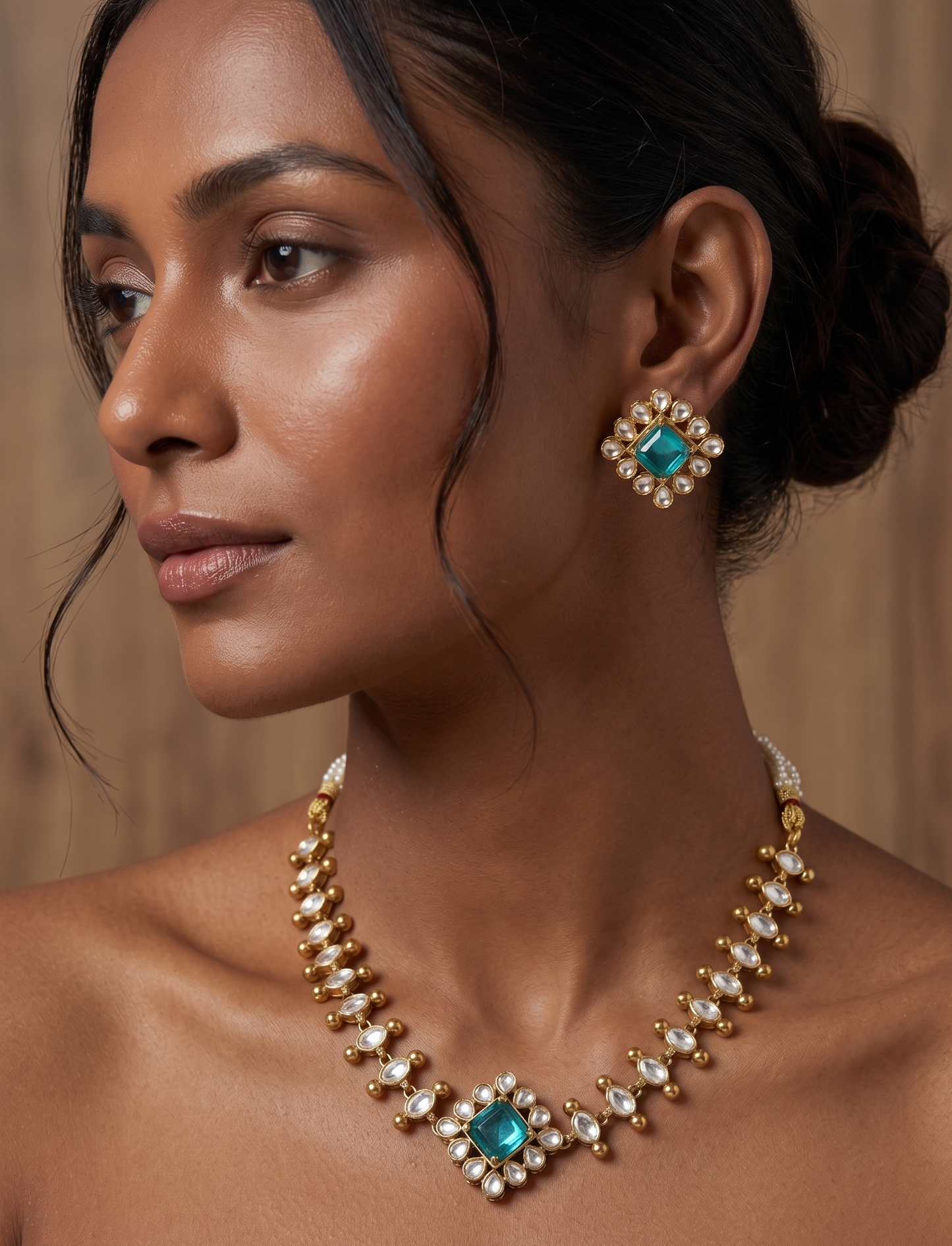 Heritage Moissanite-Style Kundan Necklace Set with Matching Studs