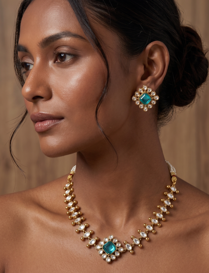 Heritage Moissanite-Style Kundan Necklace Set with Matching Studs
