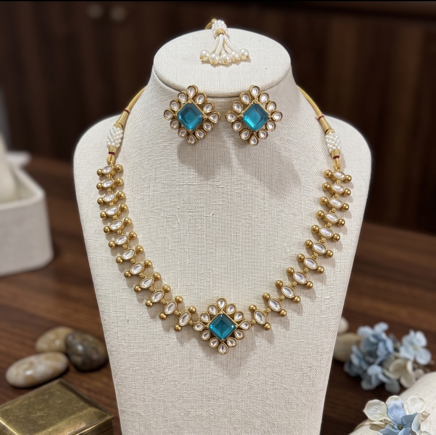 Heritage Moissanite-Style Kundan Necklace Set with Matching Studs