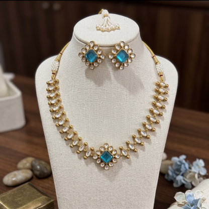 Heritage Moissanite-Style Kundan Necklace Set with Matching Studs