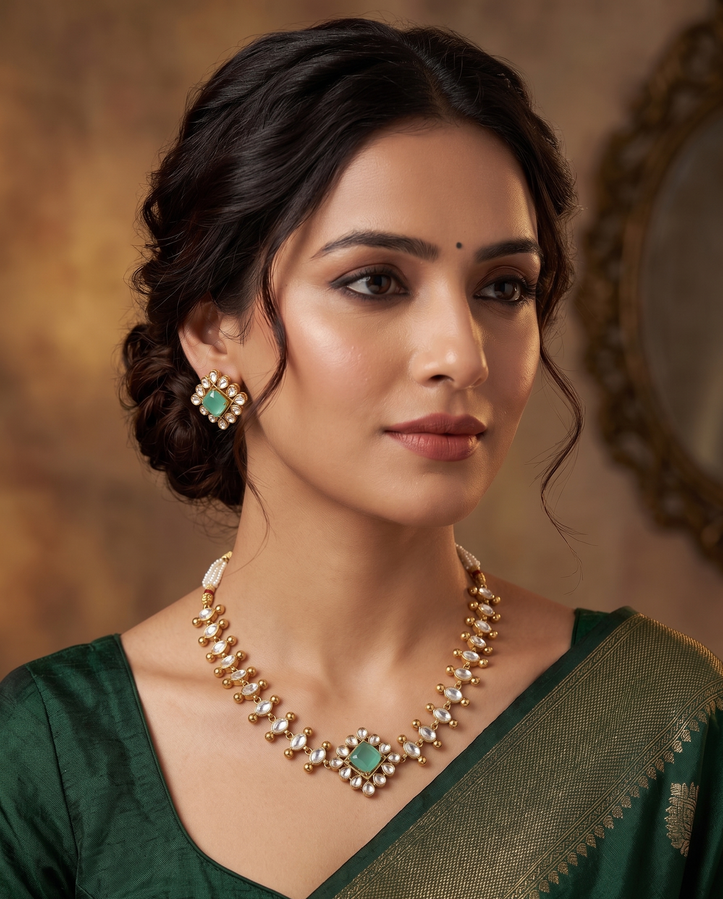 Heritage Moissanite-Style Kundan Necklace Set with Matching Studs