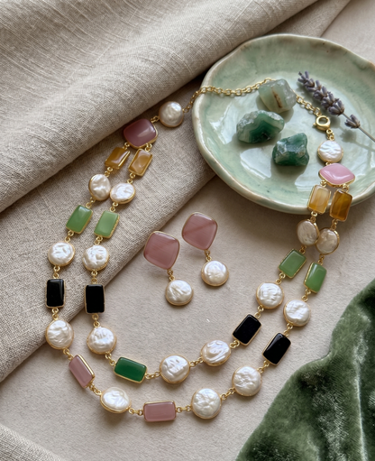 Exquisite Double-Layer Monalisa Stone & Mother of Pearl (MOP) Necklace Set with Coordinating Drop Earrings