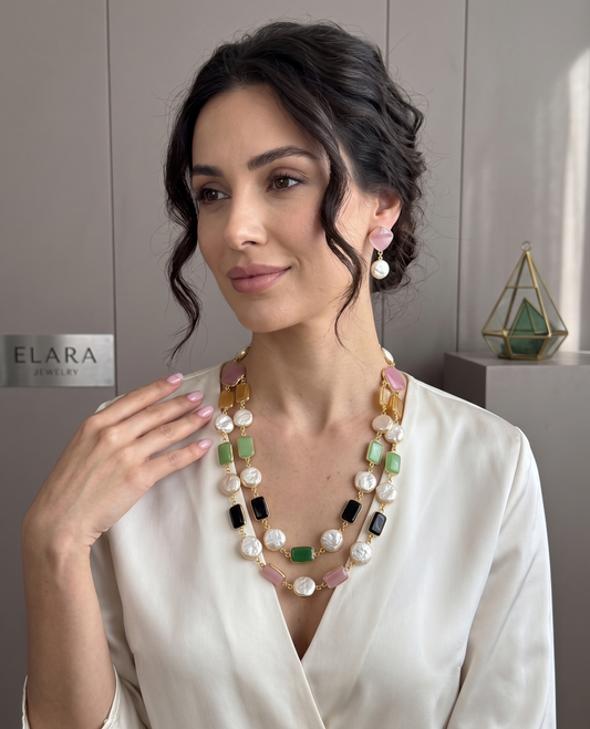Exquisite Double-Layer Monalisa Stone & Mother of Pearl (MOP) Necklace Set with Coordinating Drop Earrings