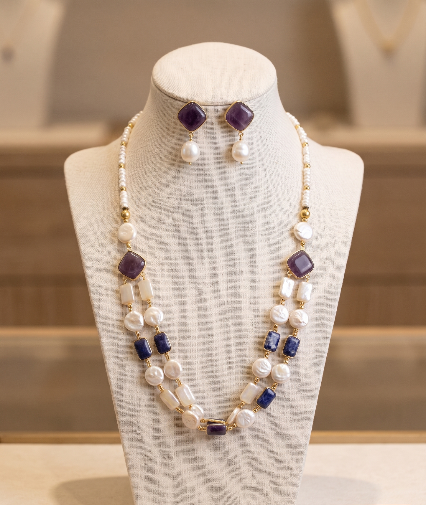 Exquisite Double-Layer Monalisa Stone & Mother of Pearl (MOP) Necklace Set with Coordinating Drop Earrings