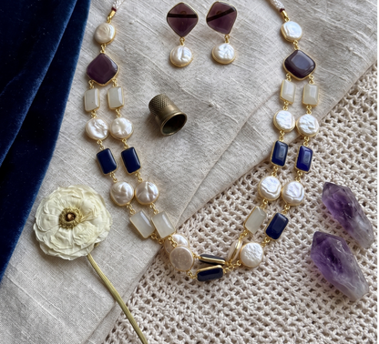 Exquisite Double-Layer Monalisa Stone & Mother of Pearl (MOP) Necklace Set with Coordinating Drop Earrings