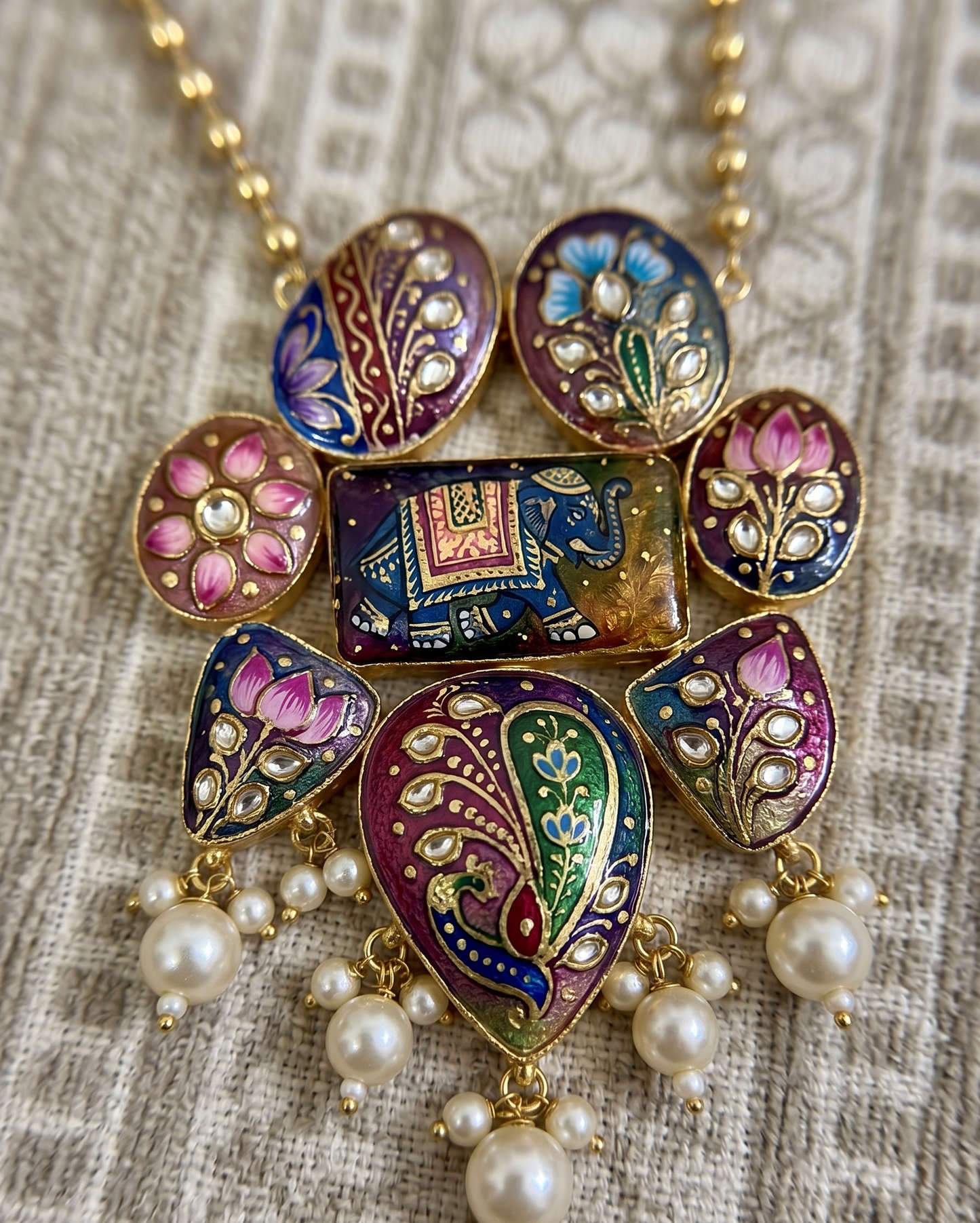 Hand-Painted Brass Elephant Pendant Necklace – Heritage Meenakari Style with Pearl Droplets