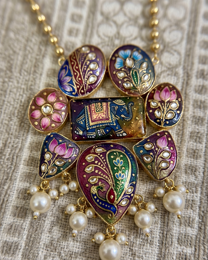 Hand-Painted Brass Elephant Pendant Necklace – Heritage Meenakari Style with Pearl Droplets