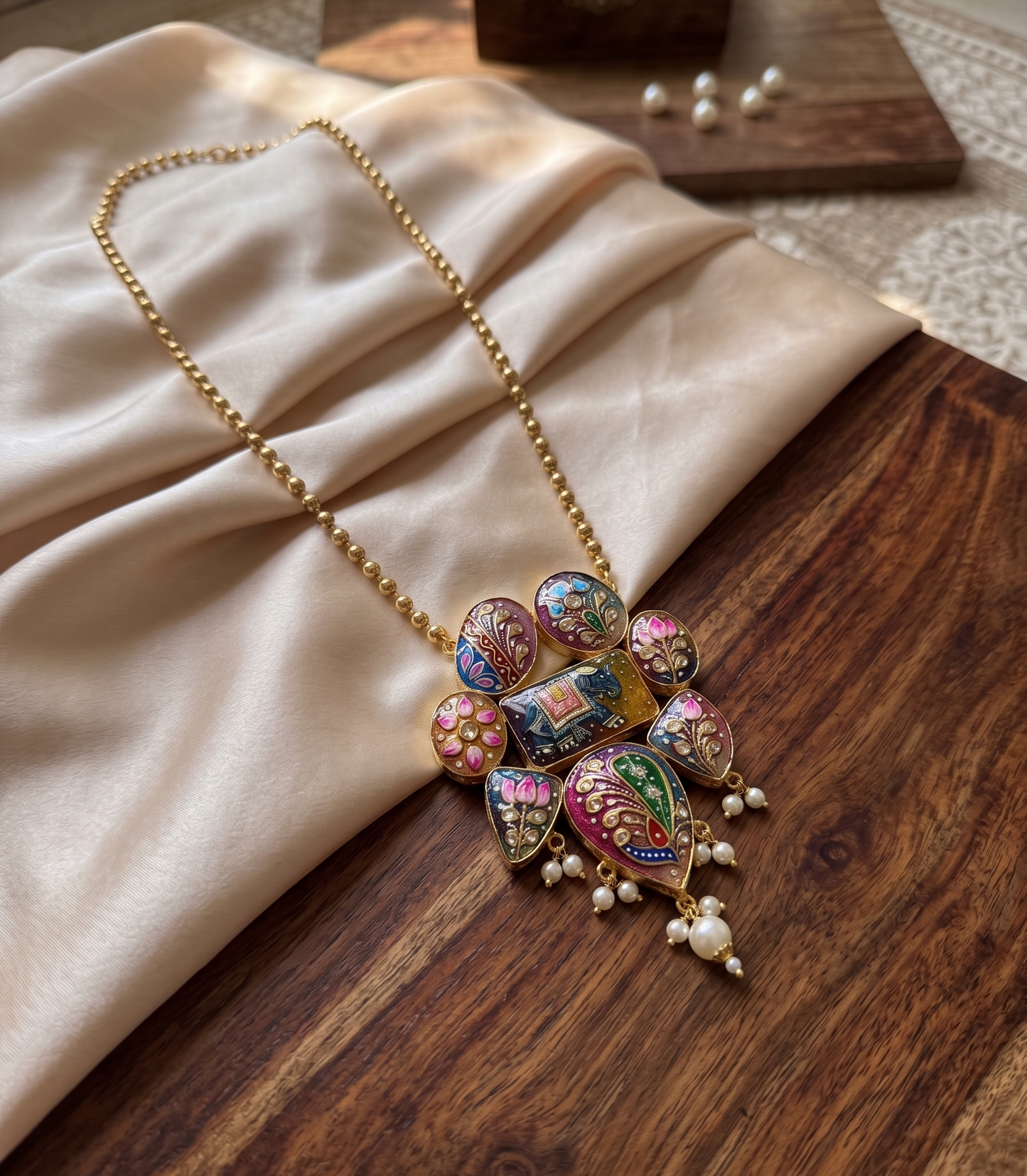 Hand-Painted Brass Elephant Pendant Necklace – Heritage Meenakari Style with Pearl Droplets