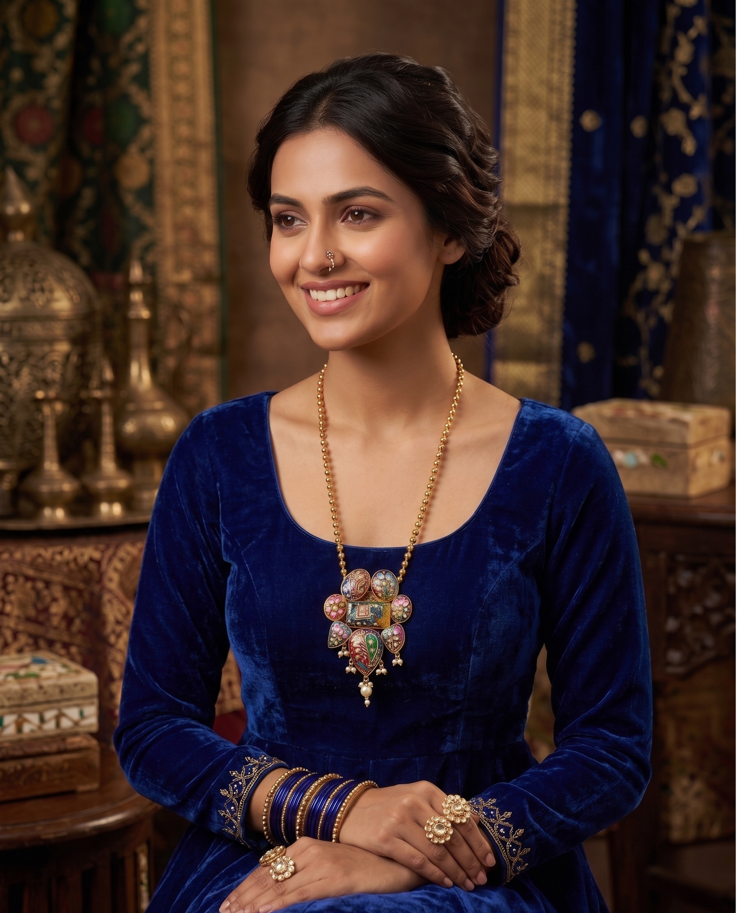 Hand-Painted Brass Elephant Pendant Necklace – Heritage Meenakari Style with Pearl Droplets