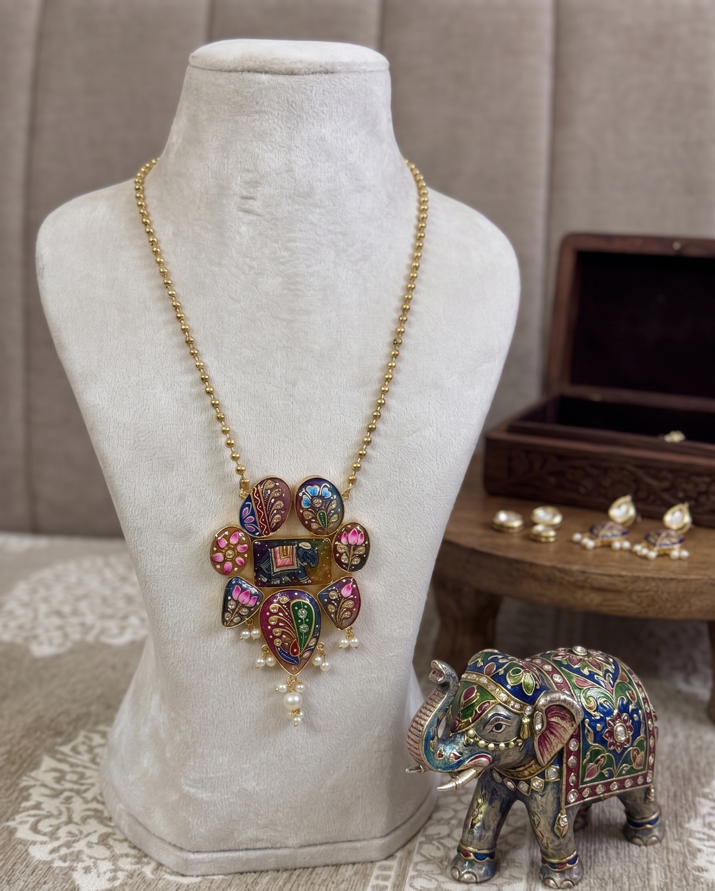Hand-Painted Brass Elephant Pendant Necklace – Heritage Meenakari Style with Pearl Droplets
