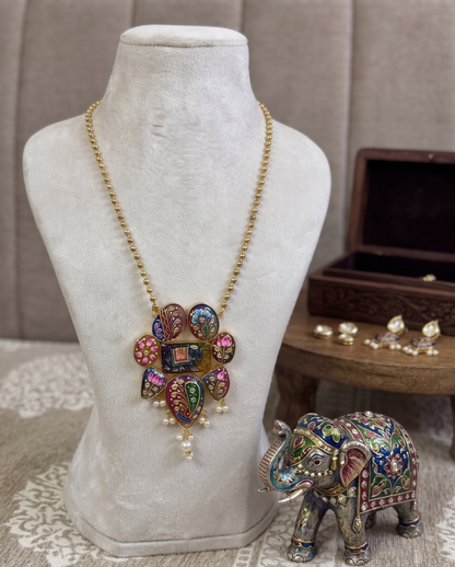 Hand-Painted Brass Elephant Pendant Necklace – Heritage Meenakari Style with Pearl Droplets