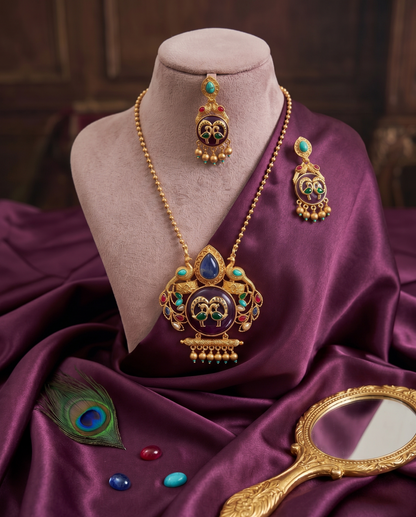 Artisanal Brass Peacock Fusion Pendant Set – Handcrafted Enamel & Stone Inlay Necklace with Matching Earrings