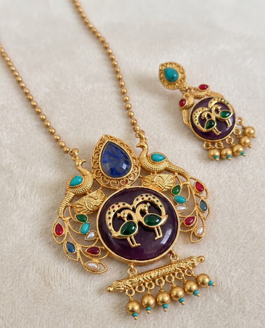 Artisanal Brass Peacock Fusion Pendant Set – Handcrafted Enamel & Stone Inlay Necklace with Matching Earrings