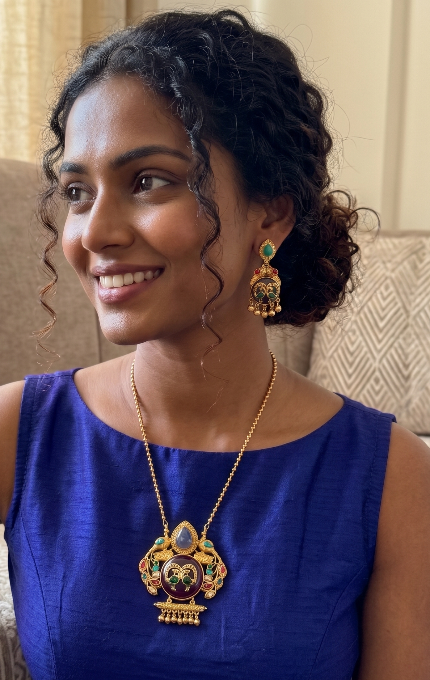 Artisanal Brass Peacock Fusion Pendant Set – Handcrafted Enamel & Stone Inlay Necklace with Matching Earrings