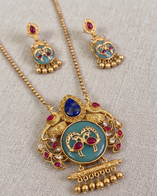 Artisanal Brass Peacock Fusion Pendant Set – Handcrafted Enamel & Stone Inlay Necklace with Matching Earrings