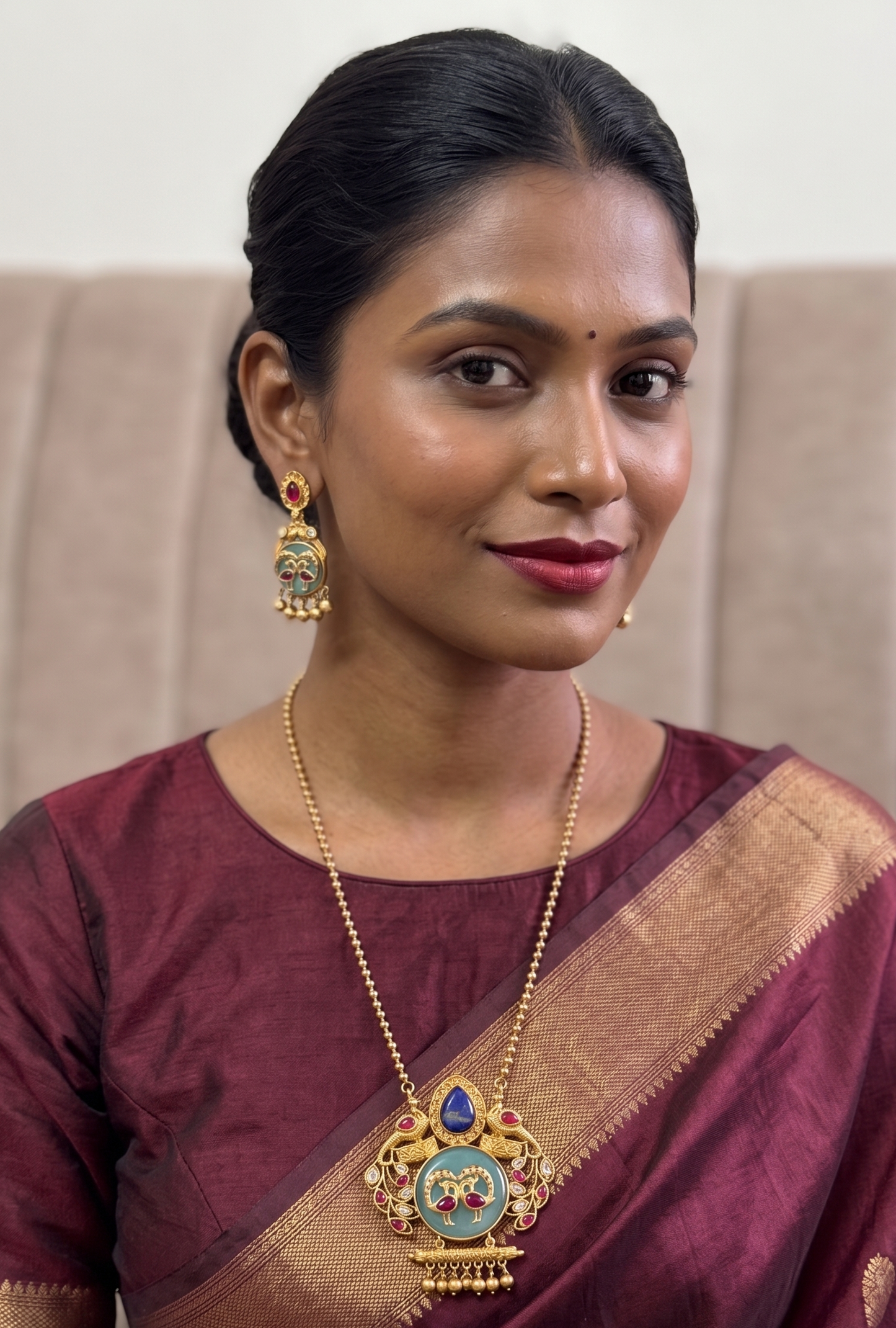 Artisanal Brass Peacock Fusion Pendant Set – Handcrafted Enamel & Stone Inlay Necklace with Matching Earrings