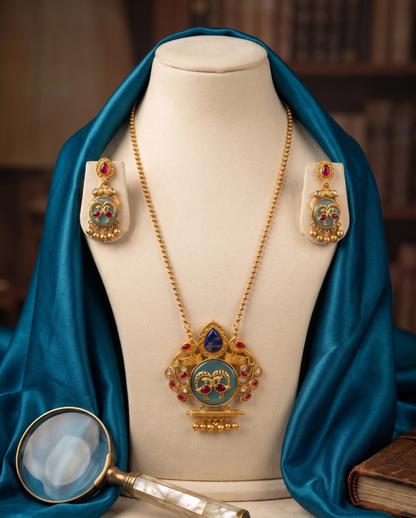 Artisanal Brass Peacock Fusion Pendant Set – Handcrafted Enamel & Stone Inlay Necklace with Matching Earrings