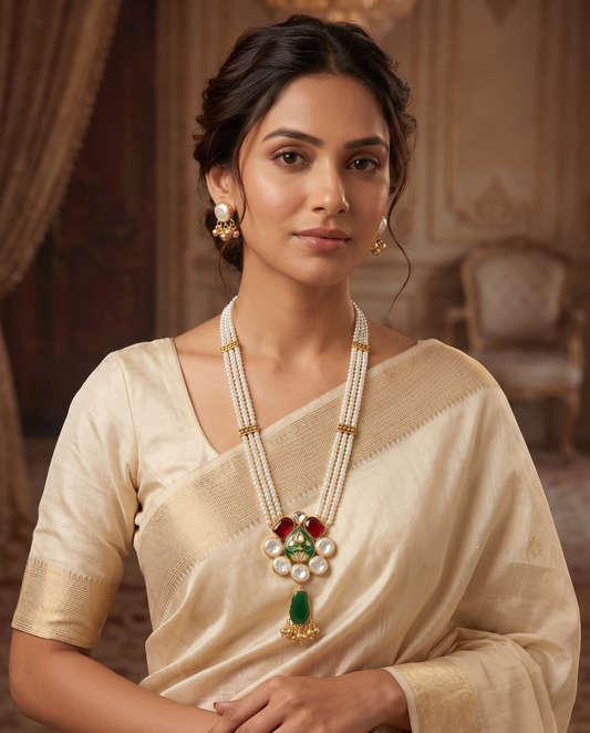 Handcrafted Triple-Layered Pearl & MOP Pendant Necklace Set with Matching Earrings