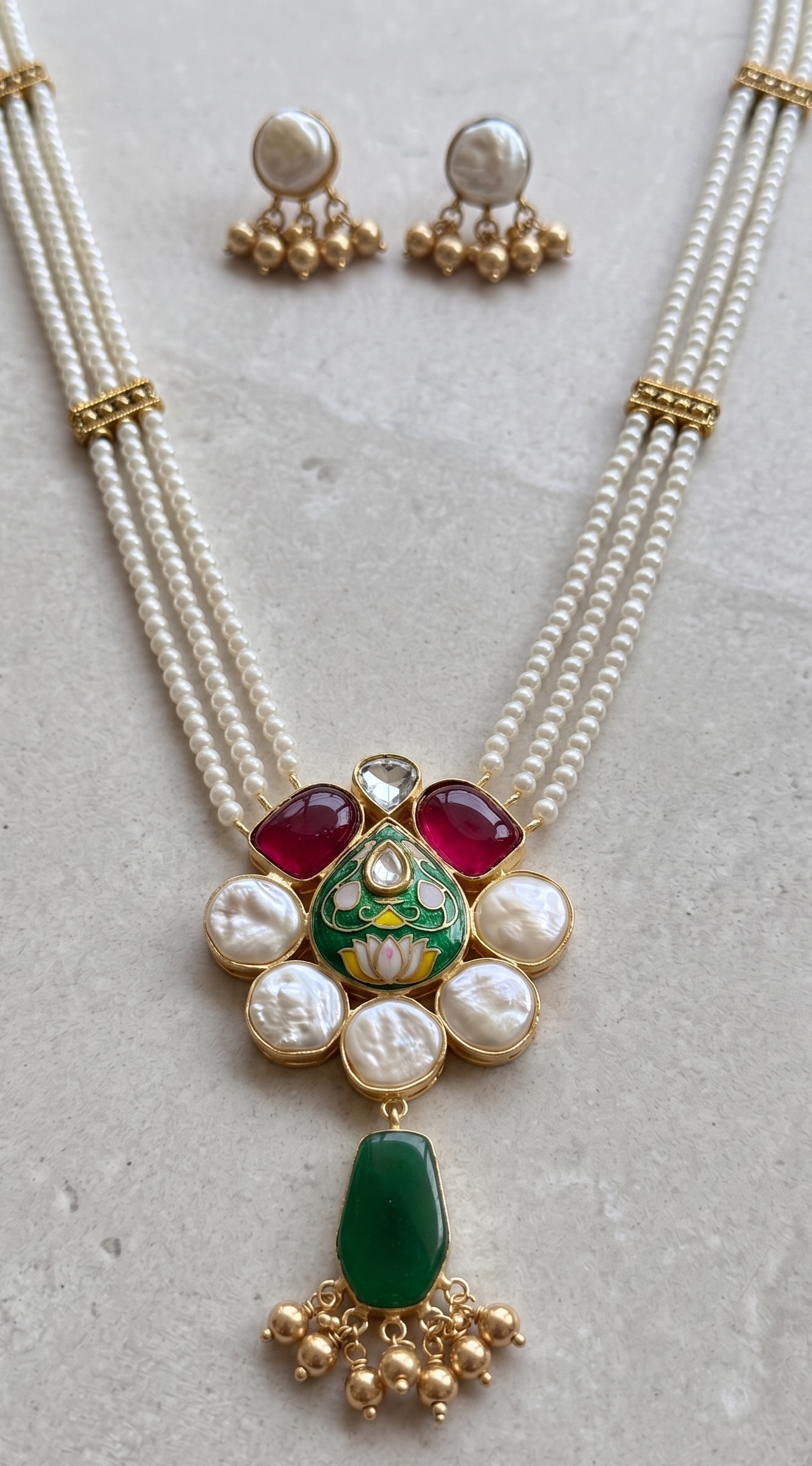 Handcrafted Triple-Layered Pearl & MOP Pendant Necklace Set with Matching Earrings