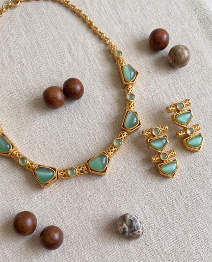 Artisanal Gold-Plated Brass Necklace Set with Geometric Monalisa Stones