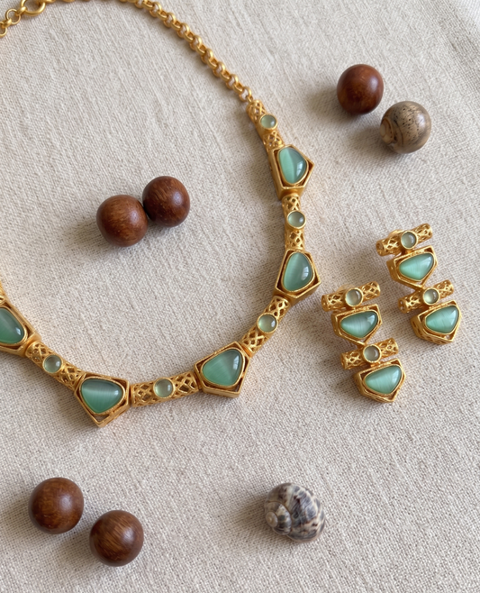 Artisanal Gold-Plated Brass Necklace Set with Geometric Monalisa Stones
