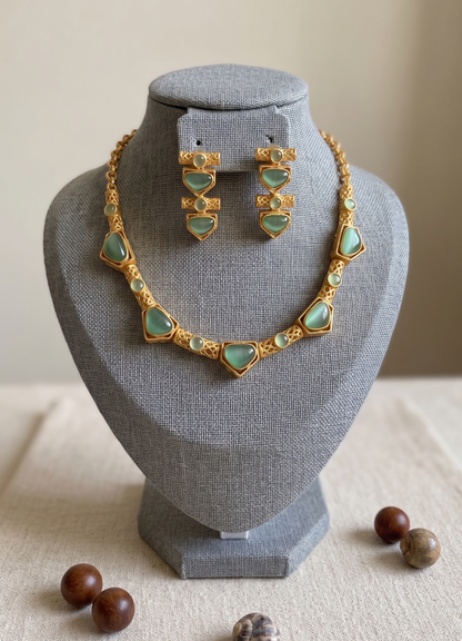 Artisanal Gold-Plated Brass Necklace Set with Geometric Monalisa Stones