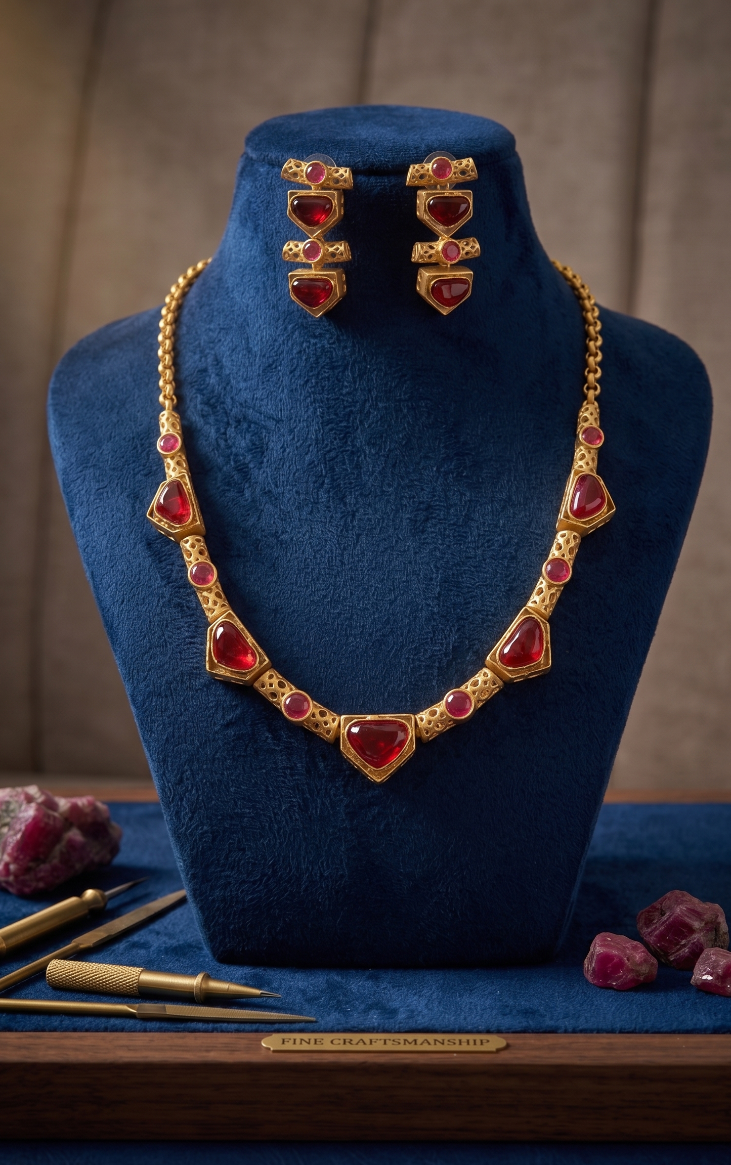 Artisanal Gold-Plated Brass Necklace Set with Geometric Monalisa Stones