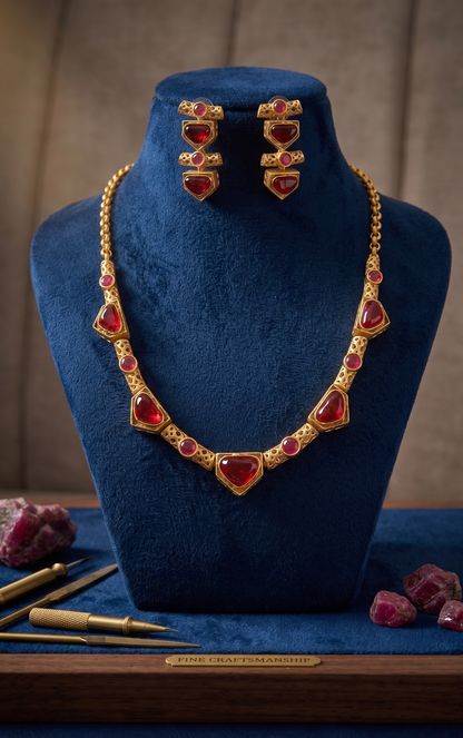 Artisanal Gold-Plated Brass Necklace Set with Geometric Monalisa Stones