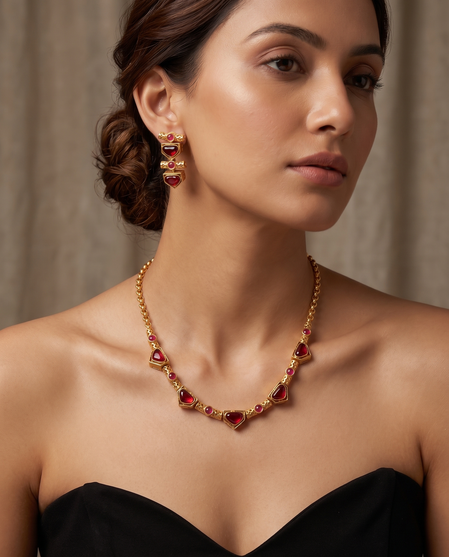 Artisanal Gold-Plated Brass Necklace Set with Geometric Monalisa Stones