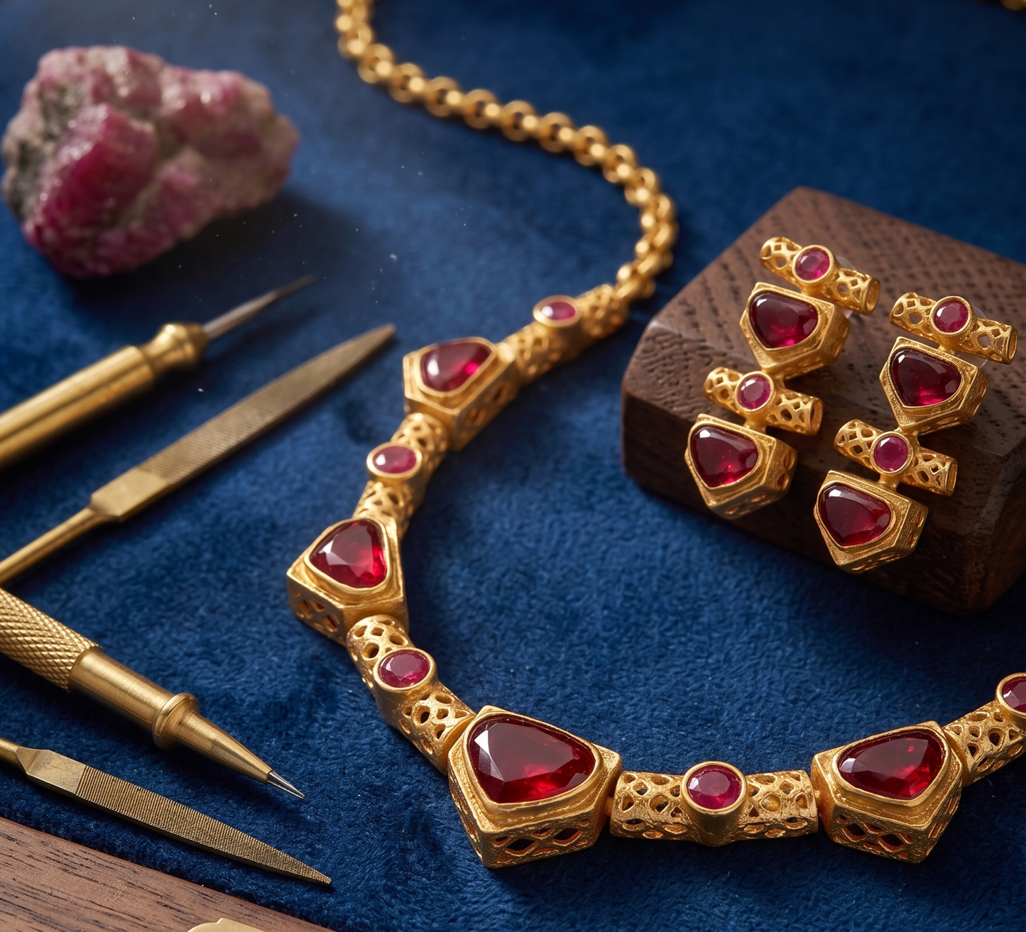 Artisanal Gold-Plated Brass Necklace Set with Geometric Monalisa Stones