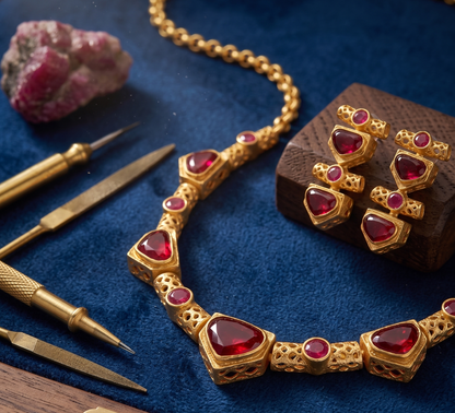 Artisanal Gold-Plated Brass Necklace Set with Geometric Monalisa Stones
