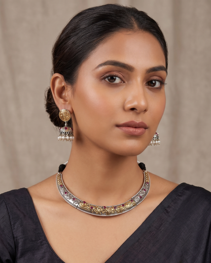 Dual-Tone Oxidized Silver Hasli Necklace Set with Matching Jhumkas – Pink Stone & Pearl Accents