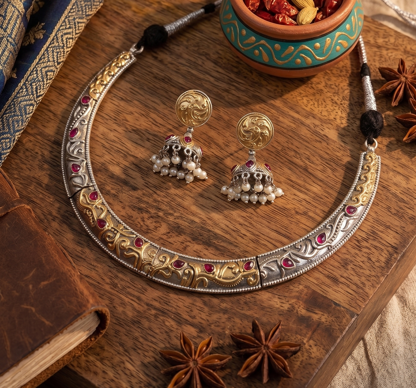 Dual-Tone Oxidized Silver Hasli Necklace Set with Matching Jhumkas – Pink Stone & Pearl Accents
