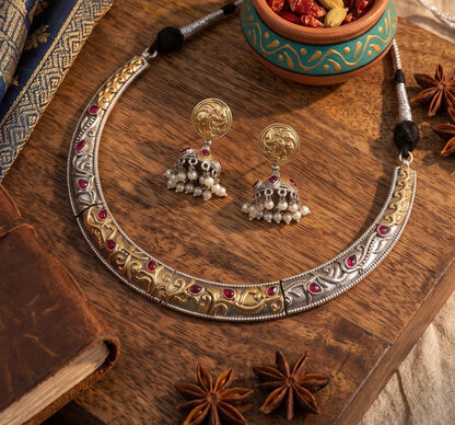 Dual-Tone Oxidized Silver Hasli Necklace Set with Matching Jhumkas – Pink Stone & Pearl Accents
