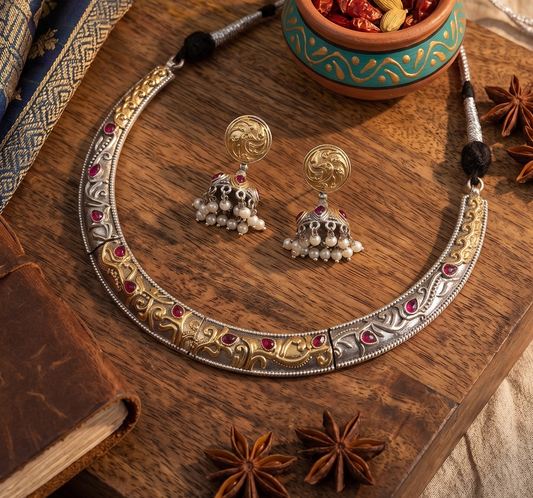 Dual-Tone Oxidized Silver Hasli Necklace Set with Matching Jhumkas – Pink Stone & Pearl Accents