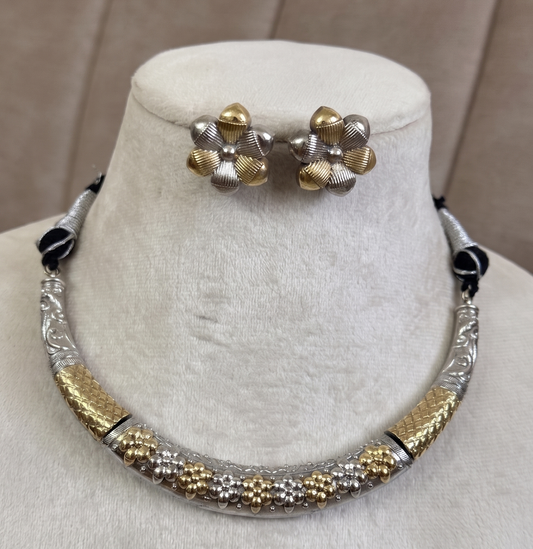 Dual-Tone Floral Bloom Oxidized Hasli Set with matching earrings