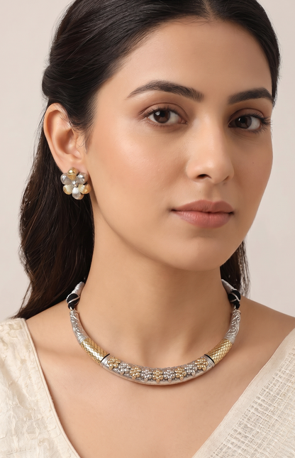 Dual-Tone Floral Bloom Oxidized Hasli Set with matching earrings