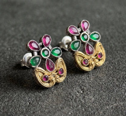 Premium Dual-Tone Oxidized Silver Hasli Necklace Set with Floral Kemp Stones and Matching Studs