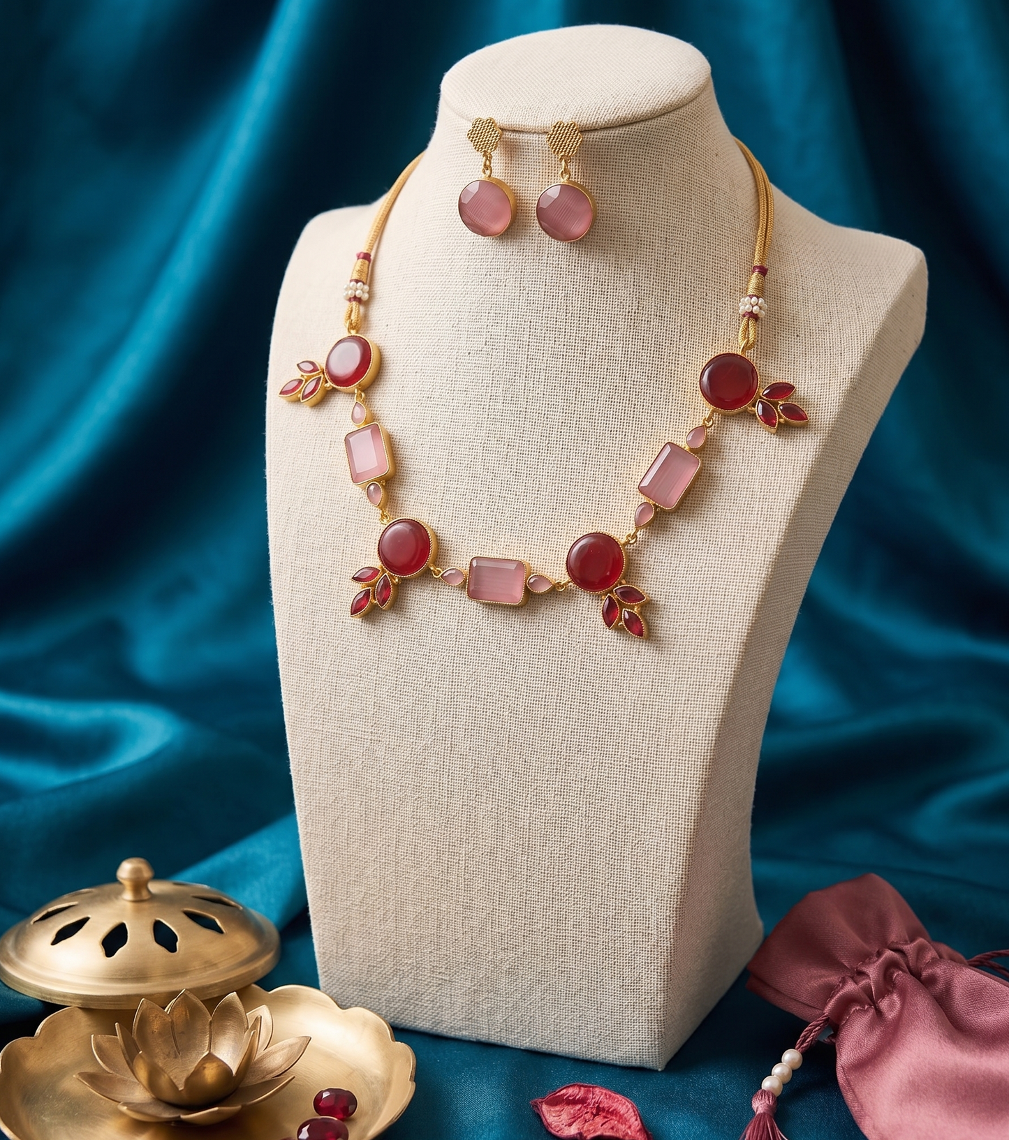 Elegant Monalisa Stone Work Necklace Set with Matching Drop Earrings – Ruby & Rose Duo