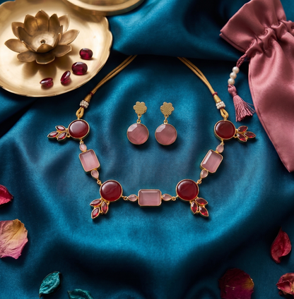 Elegant Monalisa Stone Work Necklace Set with Matching Drop Earrings – Ruby & Rose Duo
